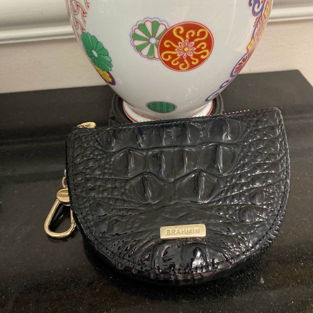 Brahmin Black Croc-Embossed Leather Key Pouch with Gold Hardware